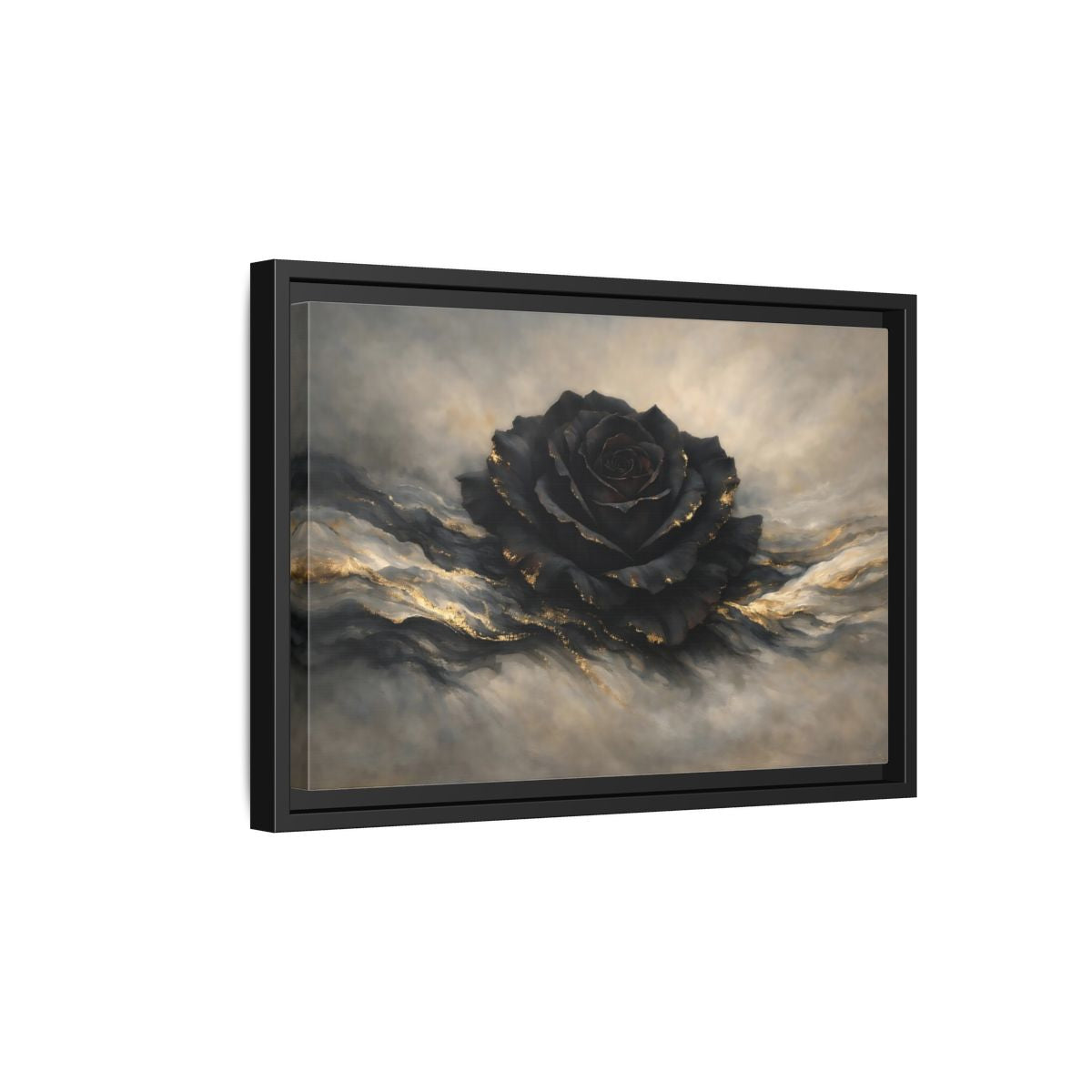 Side Mockup 6. Floral Black Rose Black And Gold shown as stretched canvas wall art