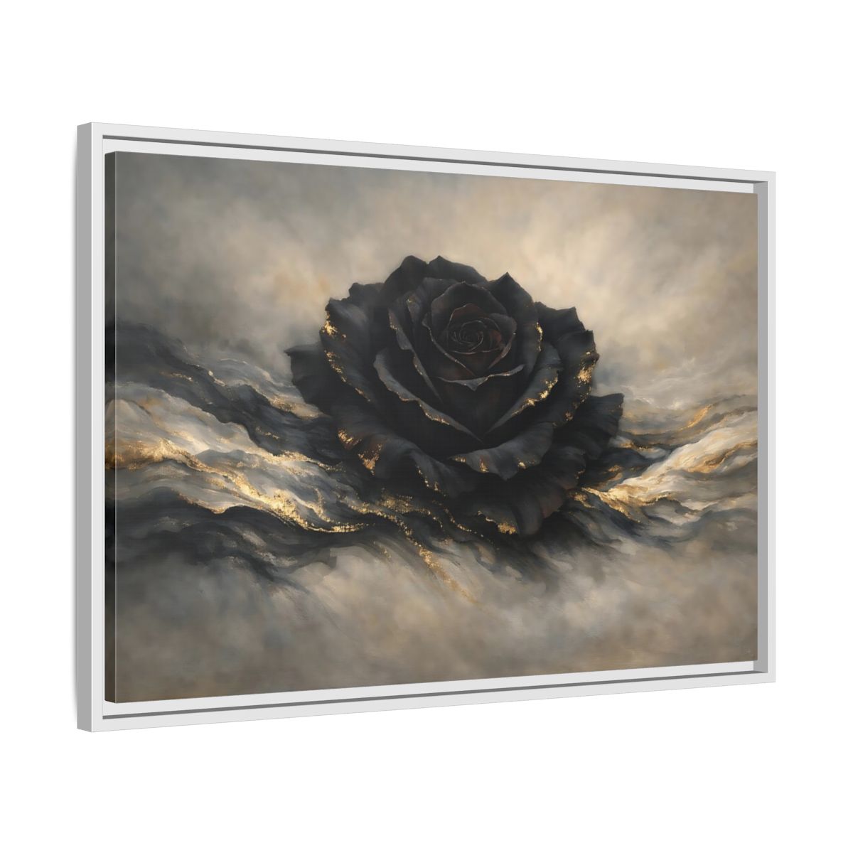 Side Mockup 10. Floral Black Rose Black And Gold shown as stretched canvas wall art