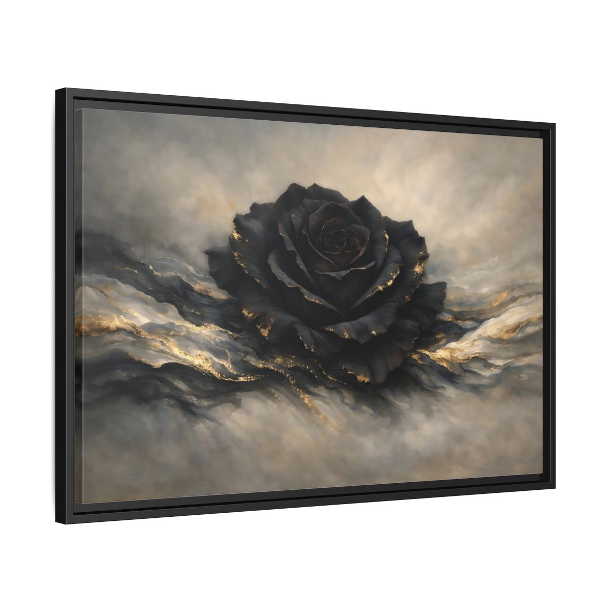 Side Mockup 14. Floral Black Rose Black And Gold shown as stretched canvas wall art