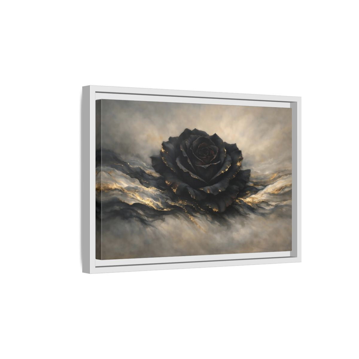 Side Mockup 4. Floral Black Rose Black And Gold shown as stretched canvas wall art