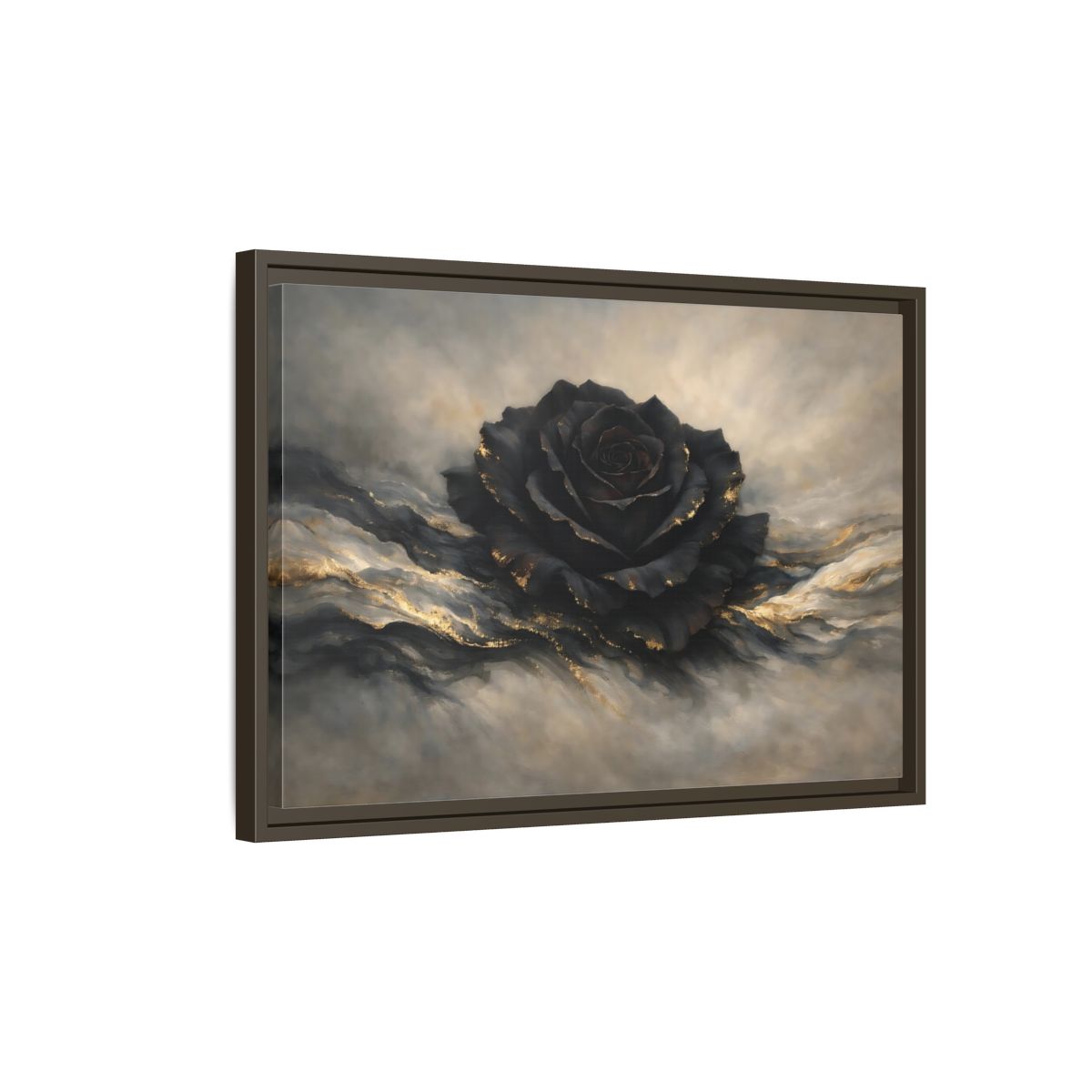Side Mockup 2. Floral Black Rose Black And Gold shown as stretched canvas wall art