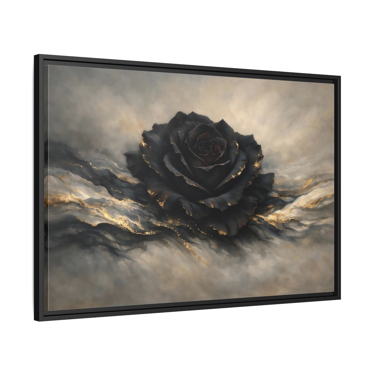 Side Mockup 13. Floral Black Rose Black And Gold shown as stretched canvas wall art