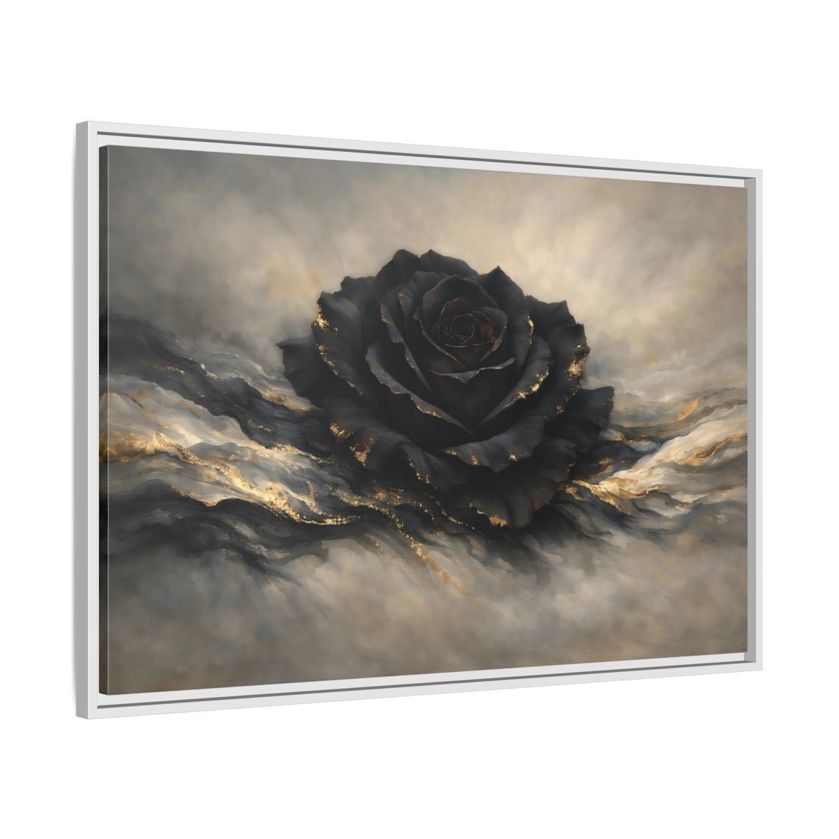 Side Mockup 8. Floral Black Rose Black And Gold shown as stretched canvas wall art