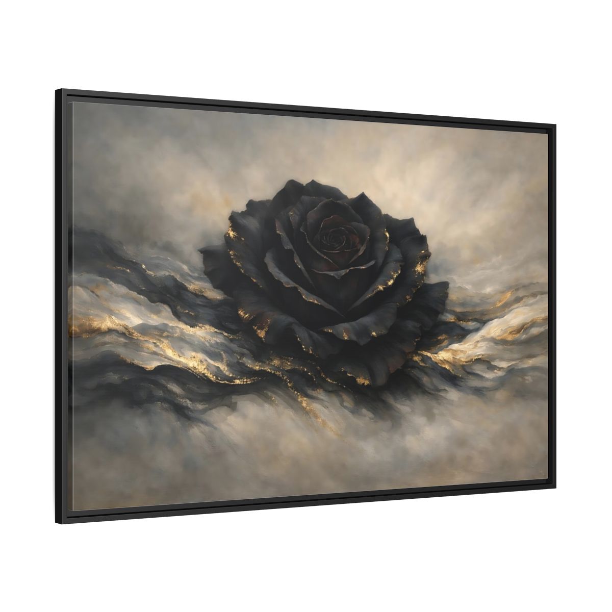 Side Mockup 12. Floral Black Rose Black And Gold shown as stretched canvas wall art