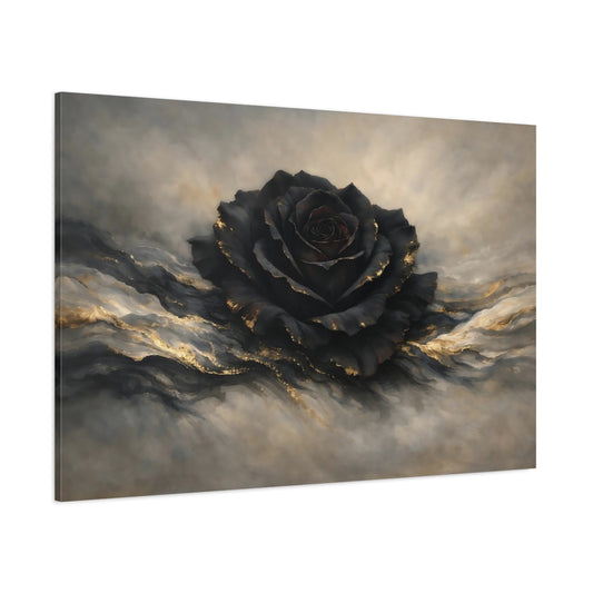 Main Mockup. Floral Black Rose Black And Gold shown as stretched canvas wall art