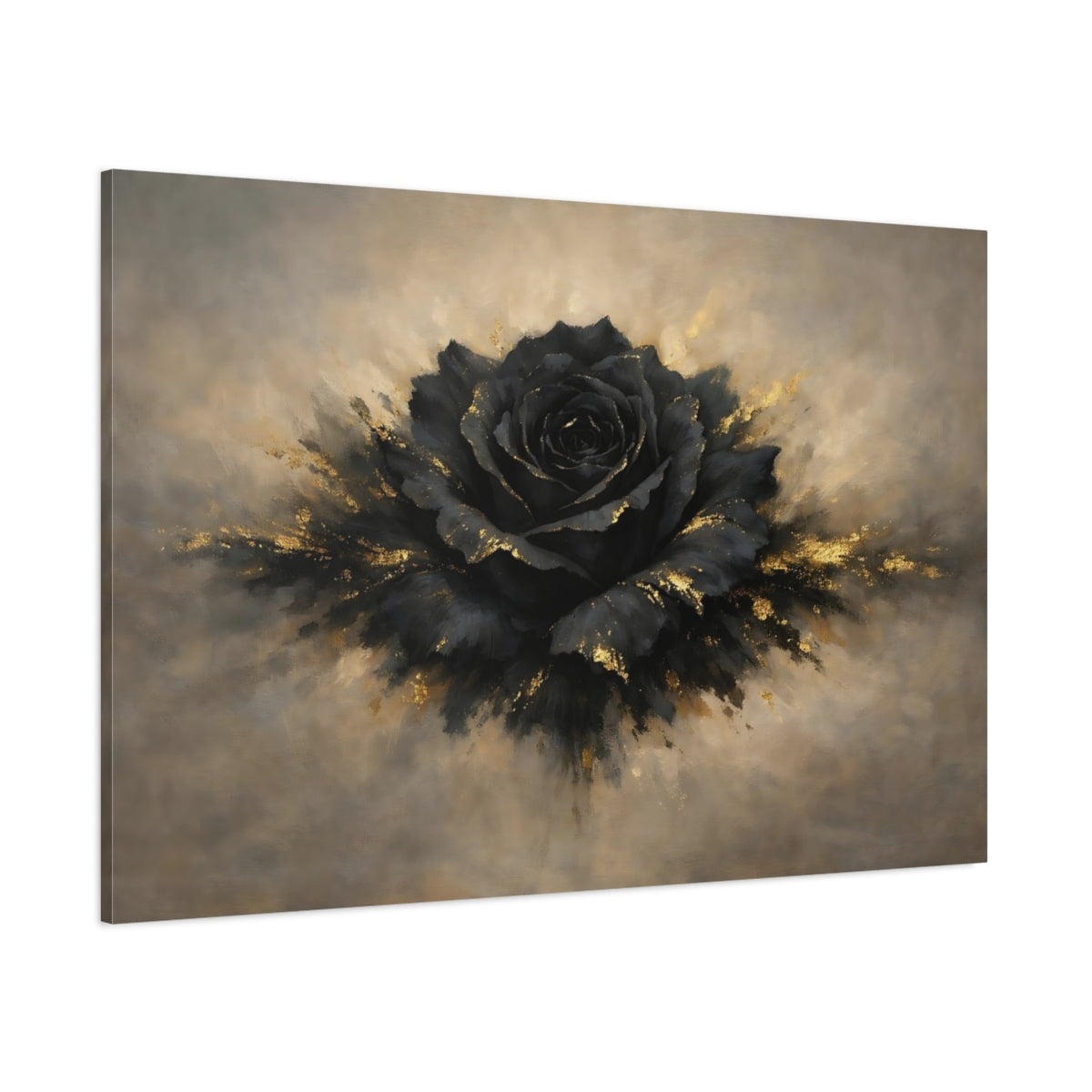 Main Mockup. Floral Black Rose Black And Gold shown as stretched canvas wall art