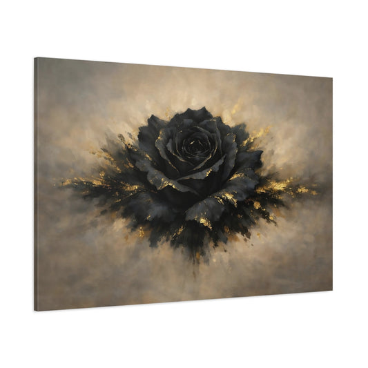 Main Mockup. Floral Black Rose Black And Gold shown as stretched canvas wall art