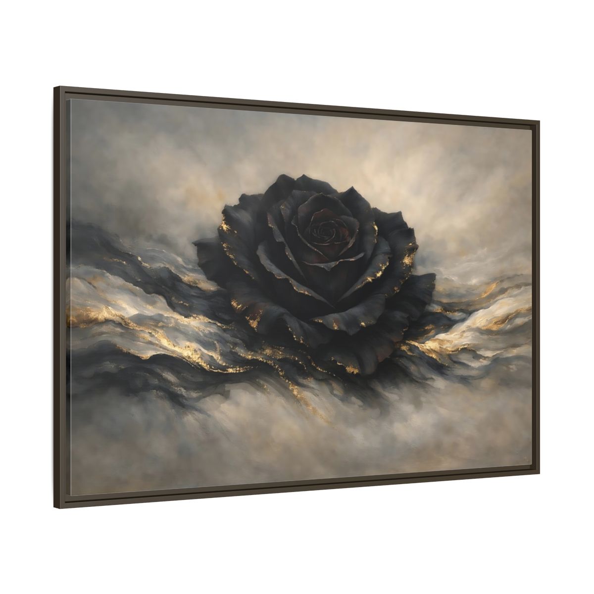 Main Mockup. Floral Black Rose Black And Gold shown as stretched canvas wall art