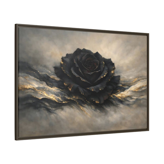 Main Mockup. Floral Black Rose Black And Gold shown as stretched canvas wall art