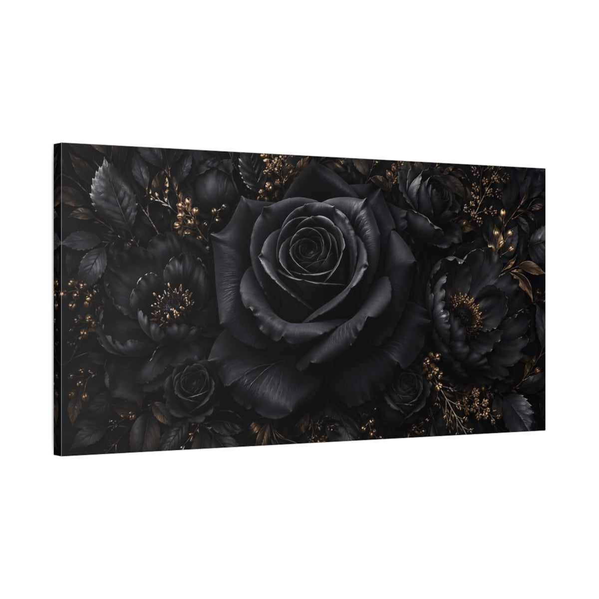 Main Mockup. Floral Black Rose Black And Gold Floral shown as stretched canvas wall art