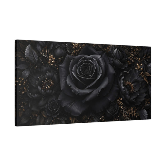 Main Mockup. Floral Black Rose Black And Gold Floral shown as stretched canvas wall art