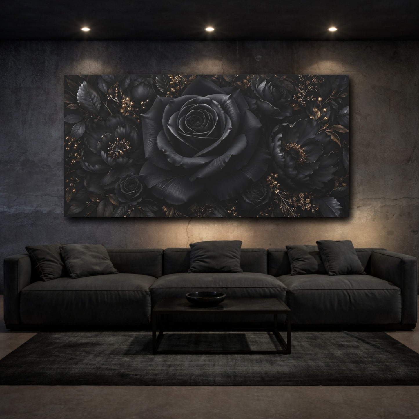 Mockup 2. Floral Black Rose Black And Gold Floral shown as stretched canvas wall art