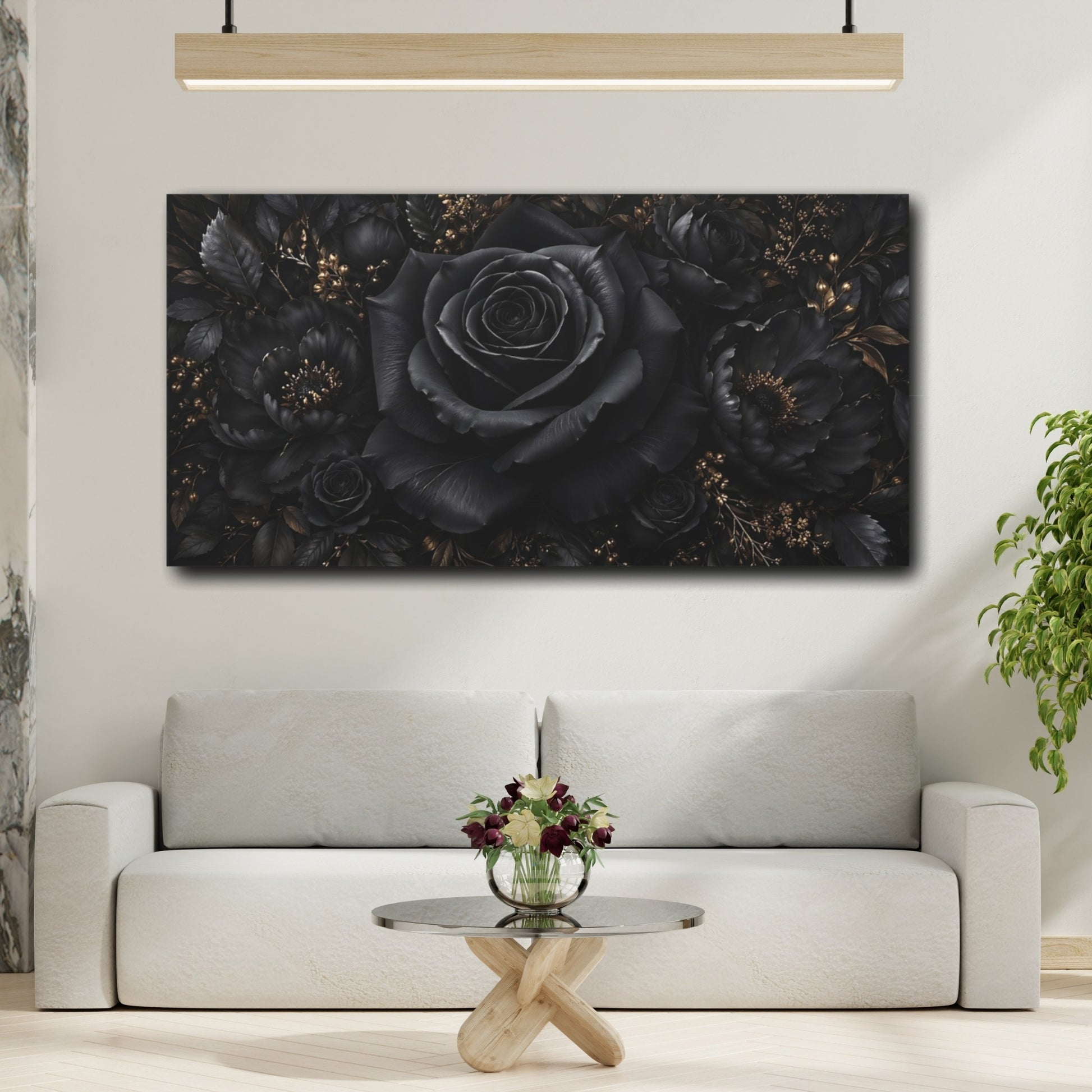 Mockup 3. Floral Black Rose Black And Gold Floral shown as stretched canvas wall art