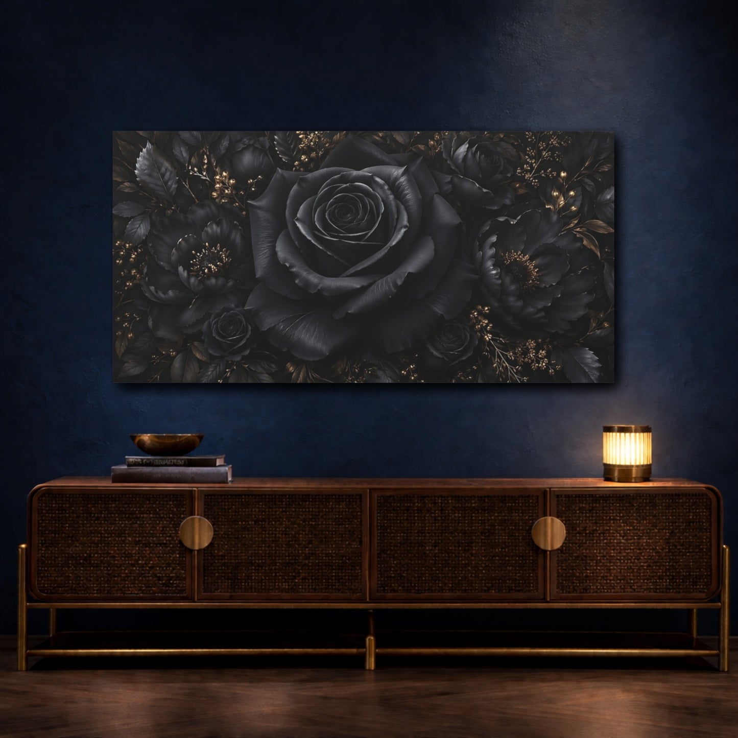 Mockup 4. Floral Black Rose Black And Gold Floral shown as stretched canvas wall art