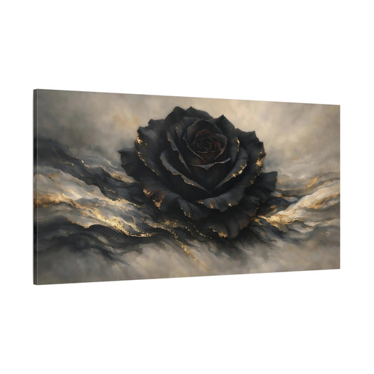 Main Mockup. Floral Black Rose Black And Gold Rose shown as stretched canvas wall art