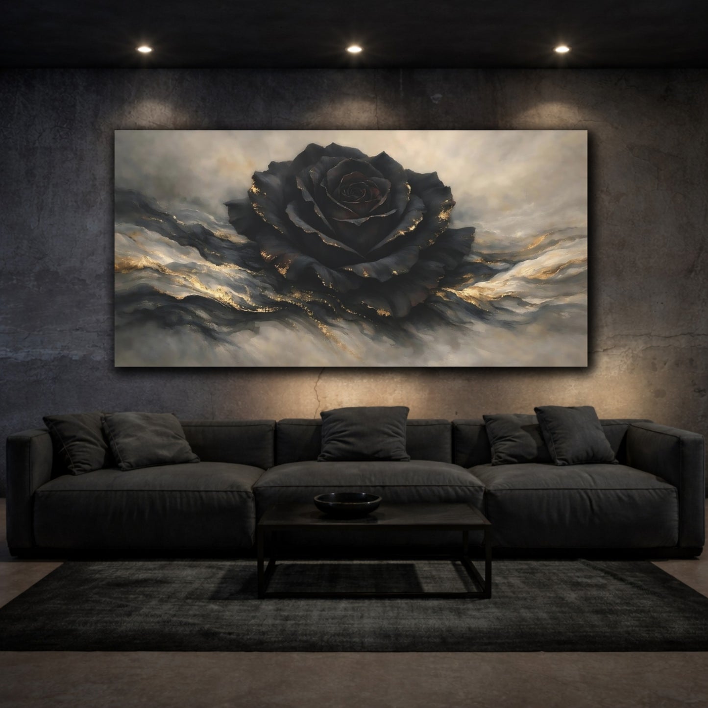 Mockup 2. Floral Black Rose Black And Gold Rose shown as stretched canvas wall art