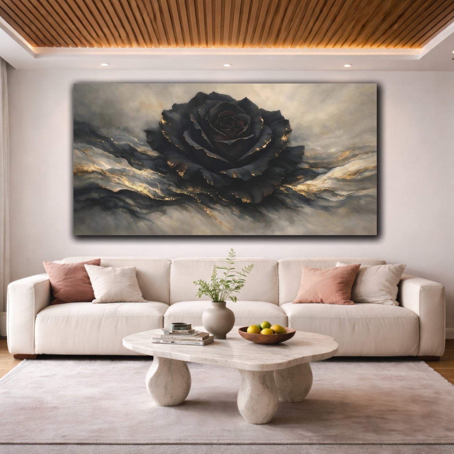 Mockup 3. Floral Black Rose Black And Gold Rose shown as stretched canvas wall art