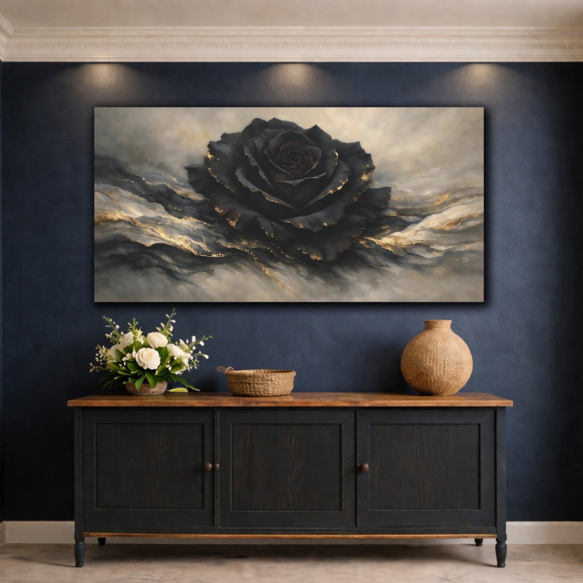 Mockup 4. Floral Black Rose Black And Gold Rose shown as stretched canvas wall art