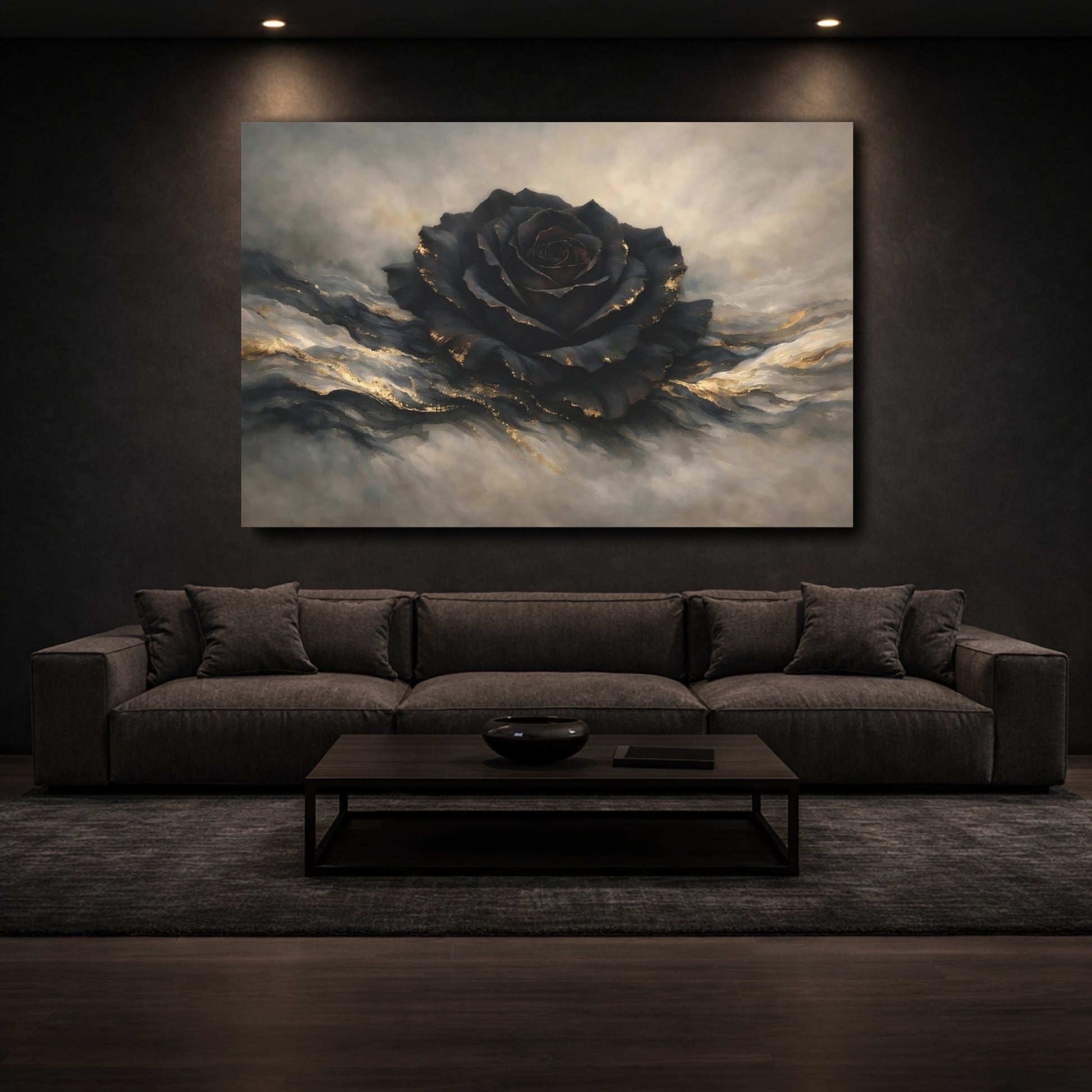 Mockup 2. Floral Black Rose Black And Gold shown as stretched canvas wall art