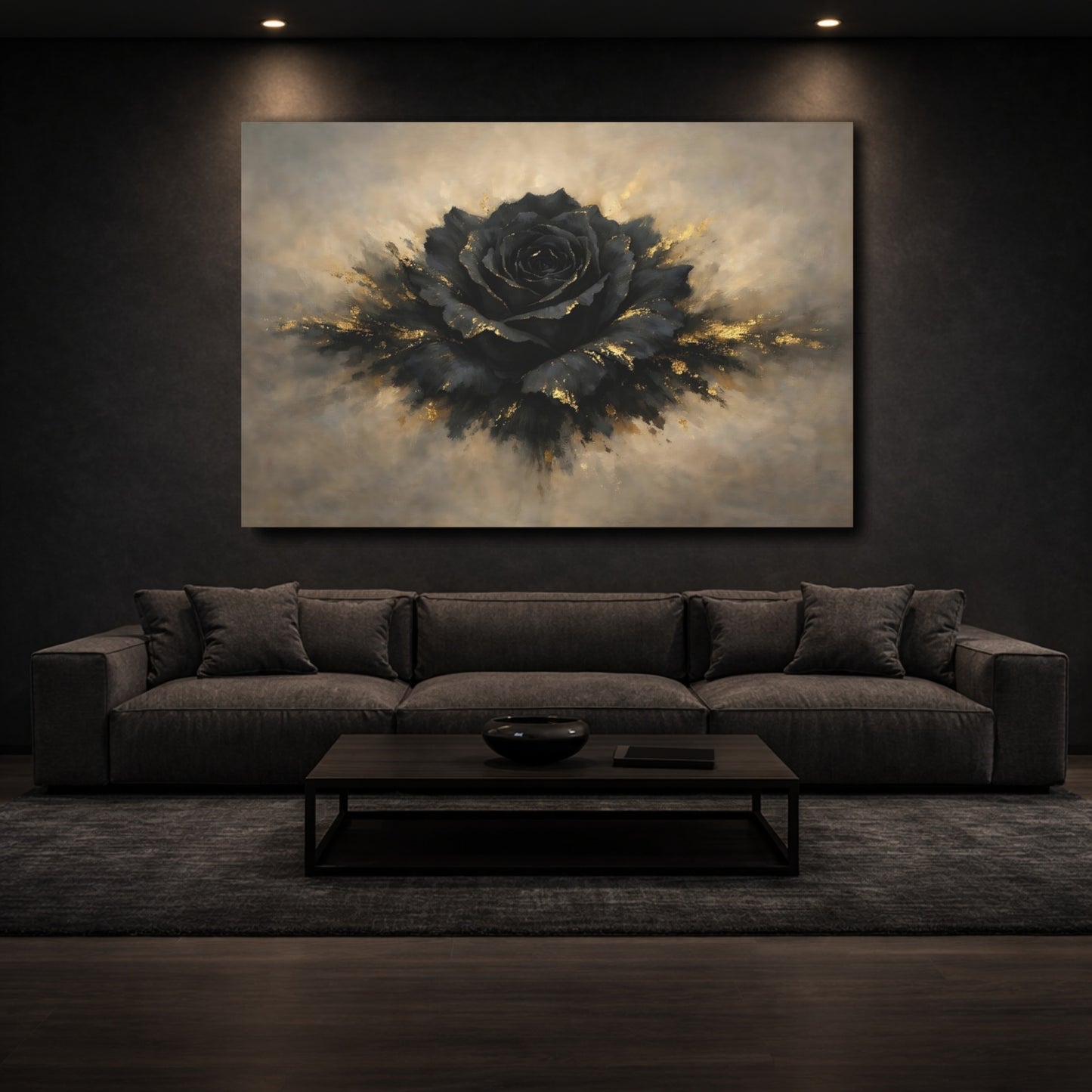 Mockup 2. Floral Black Rose Black And Gold shown as stretched canvas wall art