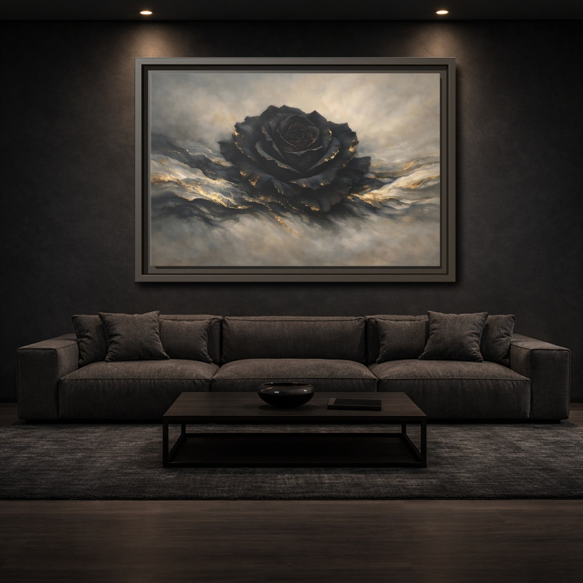 Mockup 2. Floral Black Rose Black And Gold shown as stretched canvas wall art