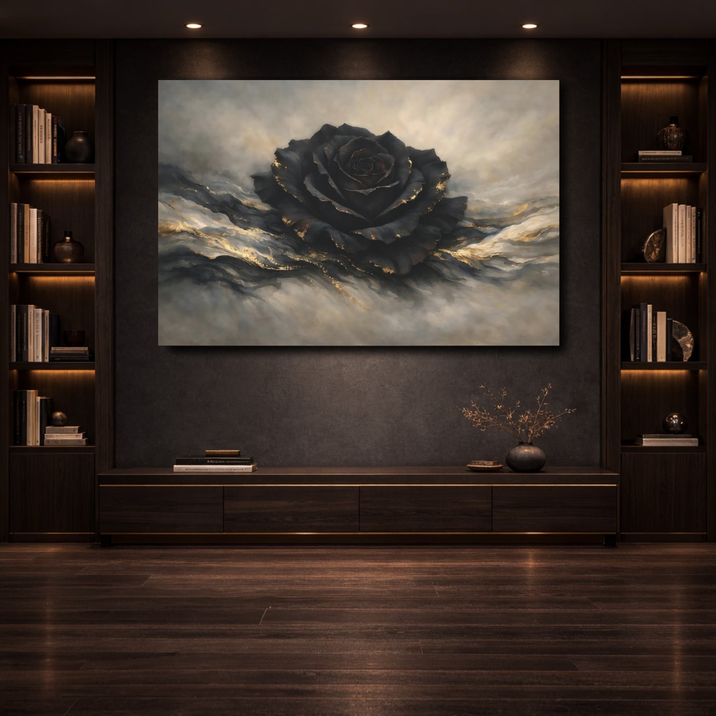 Mockup 3. Floral Black Rose Black And Gold shown as stretched canvas wall art