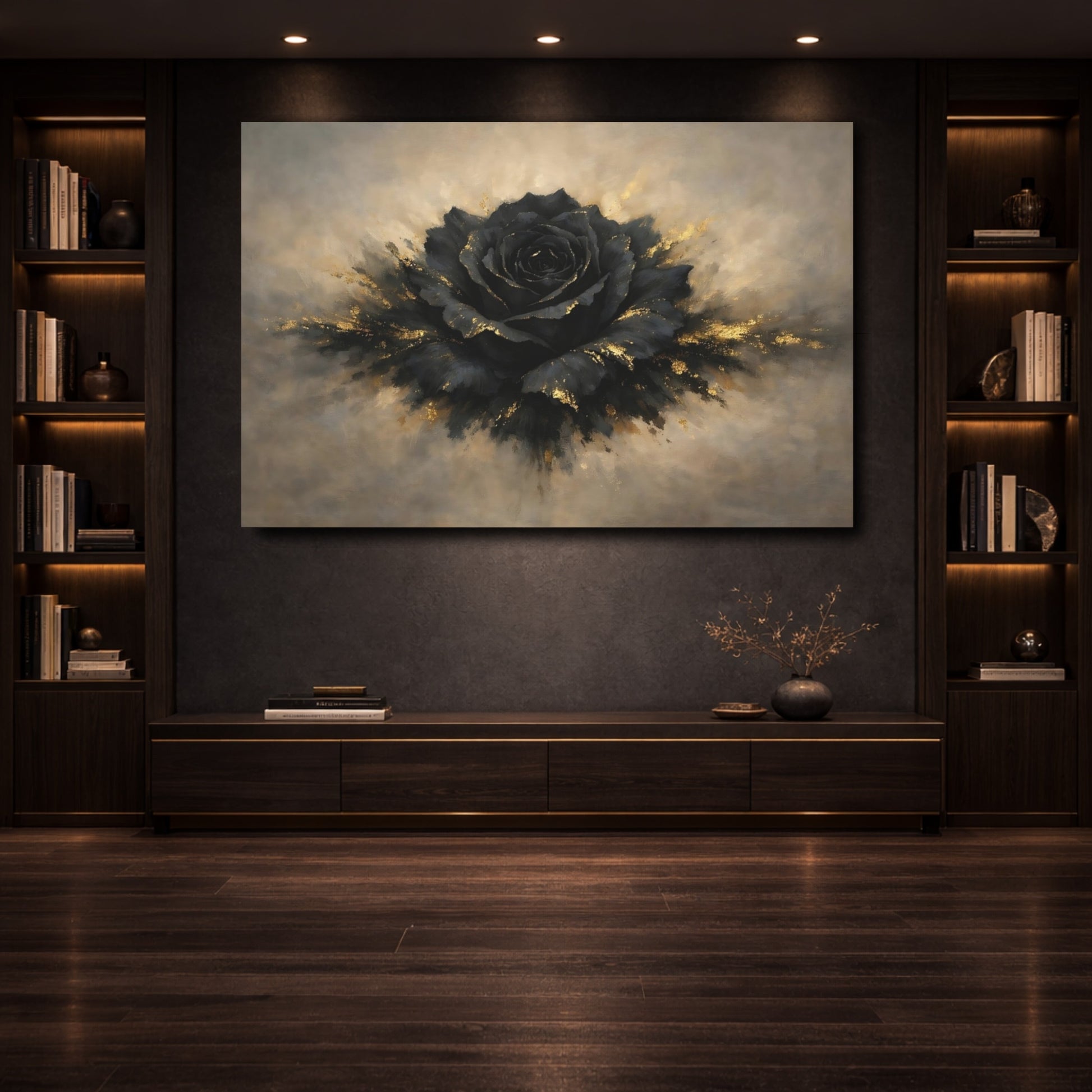 Mockup 3. Floral Black Rose Black And Gold shown as stretched canvas wall art