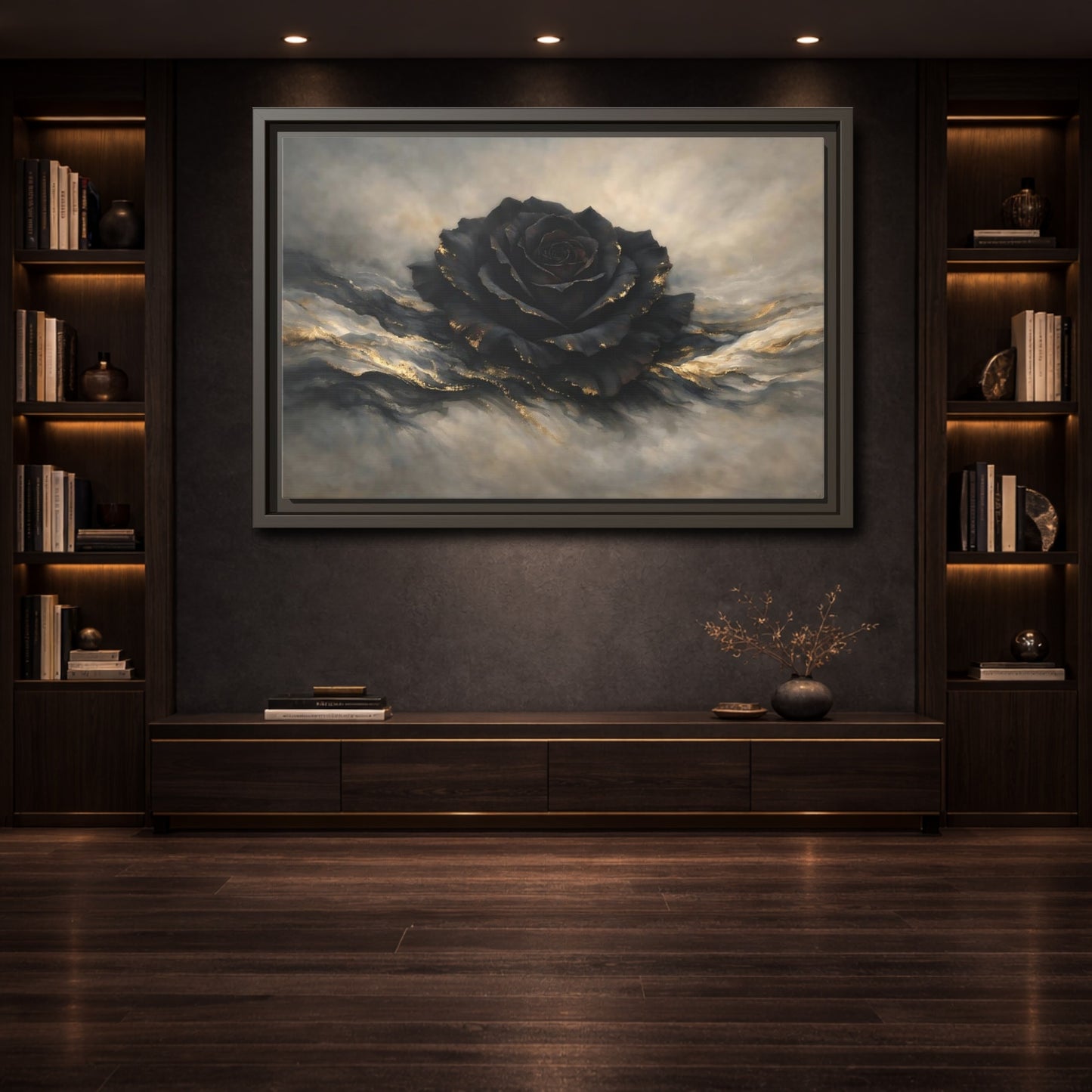 Mockup 3. Floral Black Rose Black And Gold shown as stretched canvas wall art