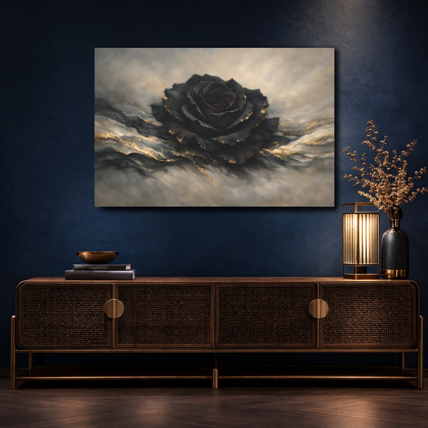 Mockup 4. Floral Black Rose Black And Gold shown as stretched canvas wall art