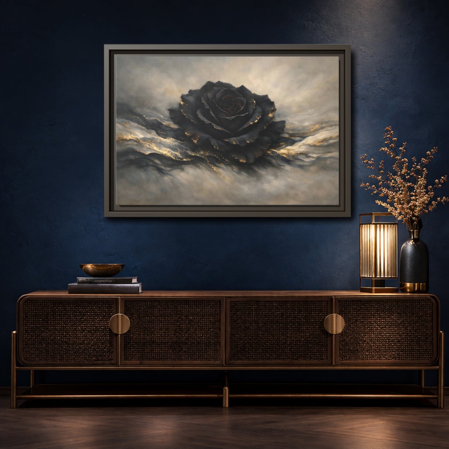 Mockup 4. Floral Black Rose Black And Gold shown as stretched canvas wall art