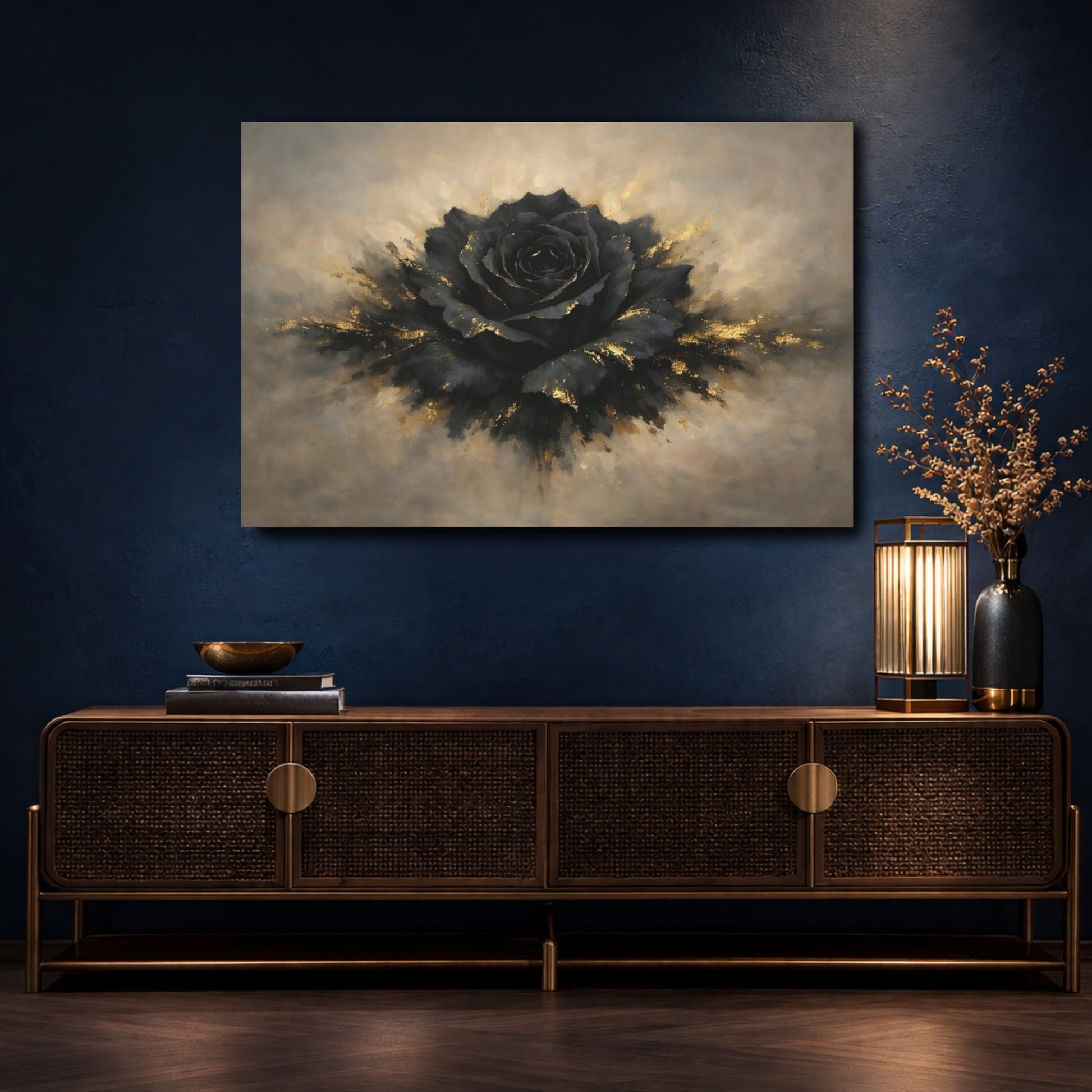 Mockup 4. Floral Black Rose Black And Gold shown as stretched canvas wall art
