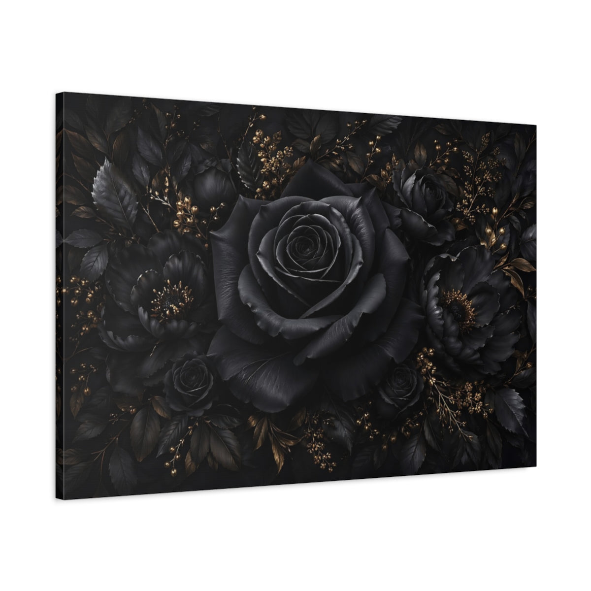 Main Mockup. Floral Black Rose Black Gold Floral shown as stretched canvas wall art