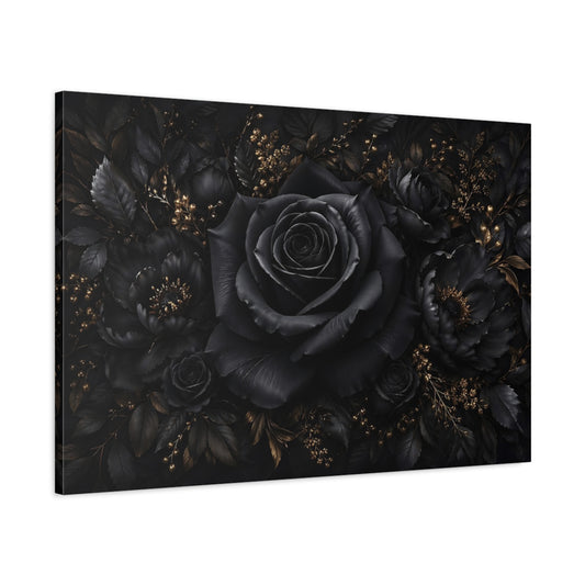 Main Mockup. Floral Black Rose Black Gold Floral shown as stretched canvas wall art