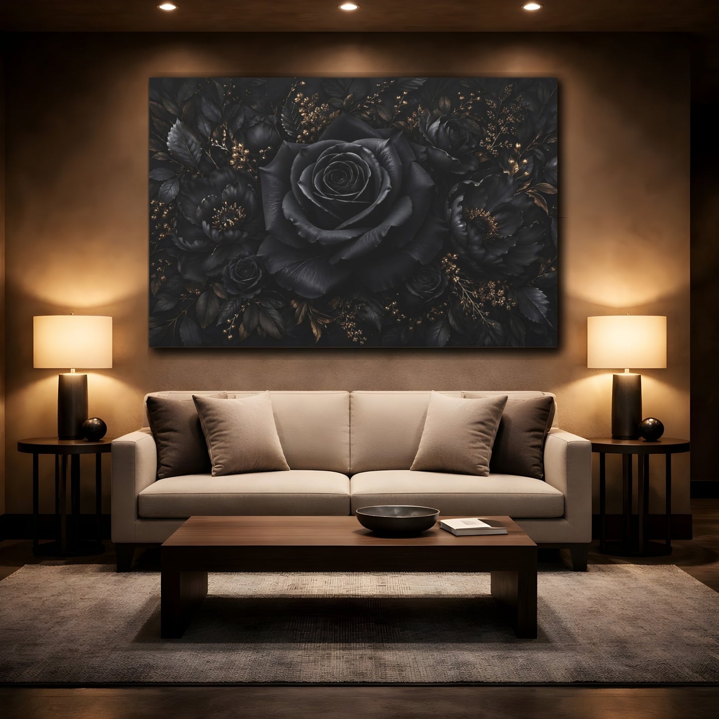 Mockup 2. Floral Black Rose Black Gold Floral shown as stretched canvas wall art