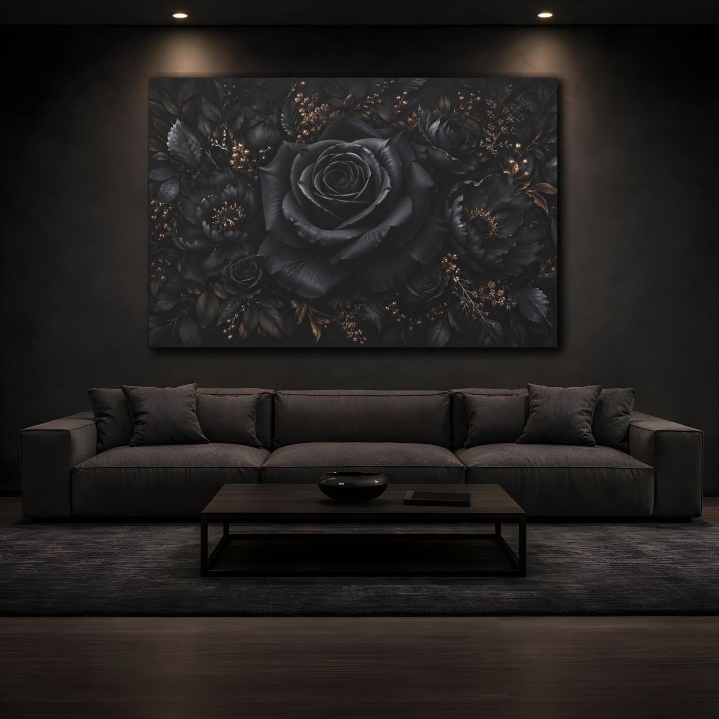 Mockup 3. Floral Black Rose Black Gold Floral shown as stretched canvas wall art