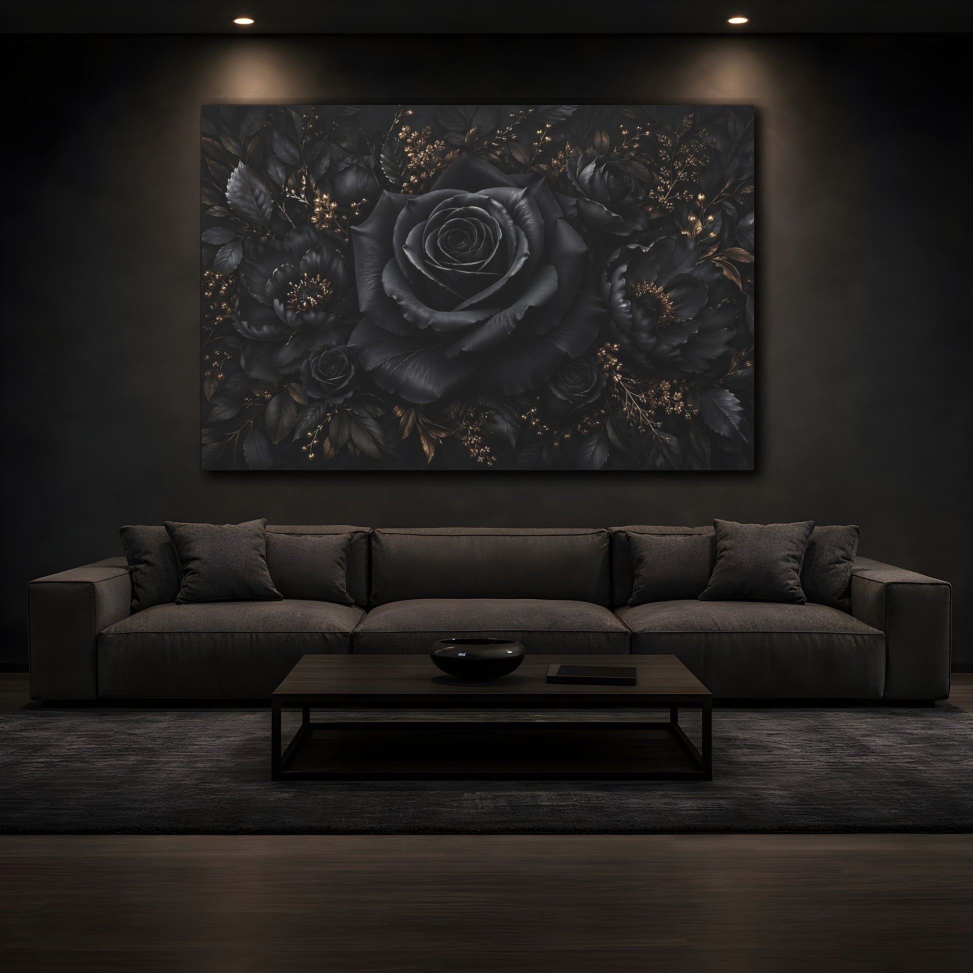 Mockup 3. Floral Black Rose Black Gold Floral shown as stretched canvas wall art