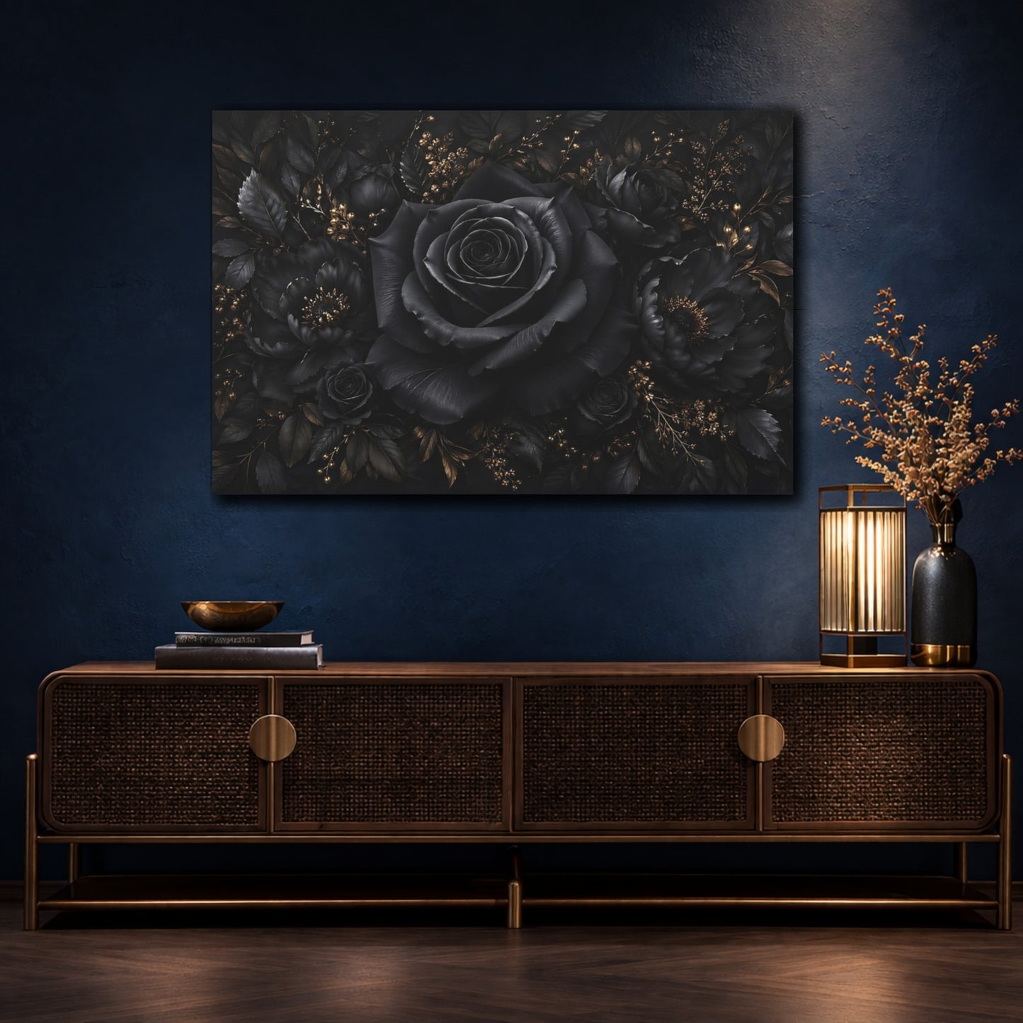 Mockup 4. Floral Black Rose Black Gold Floral shown as stretched canvas wall art