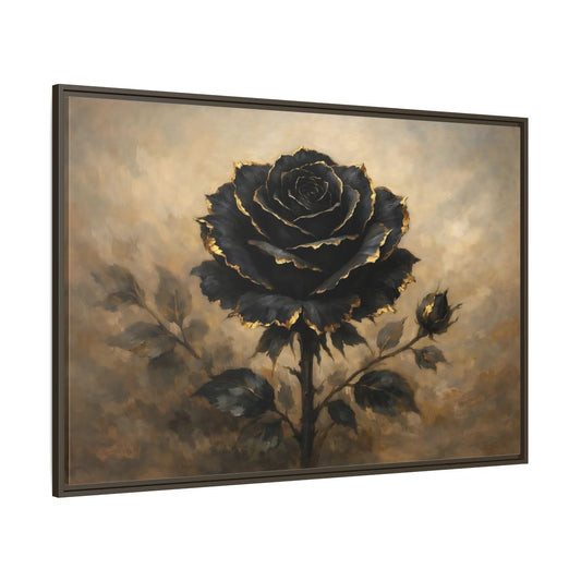 Main Mockup. Floral Black Rose Black Gold Rose shown as stretched canvas wall art