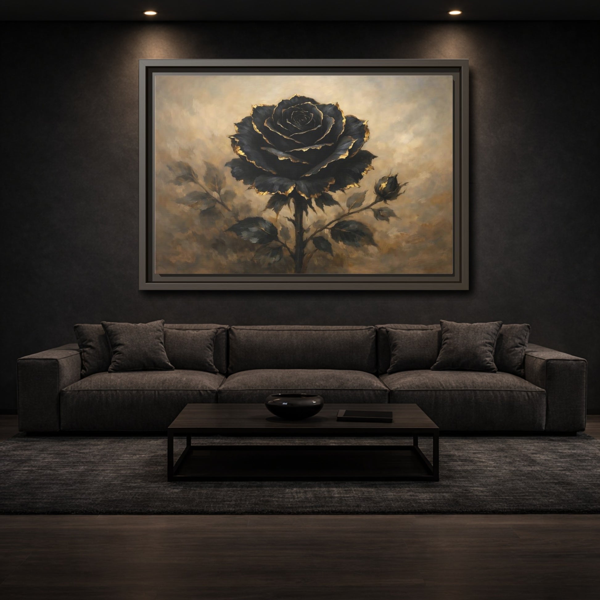 Mockup 2. Floral Black Rose Black Gold Rose shown as stretched canvas wall art