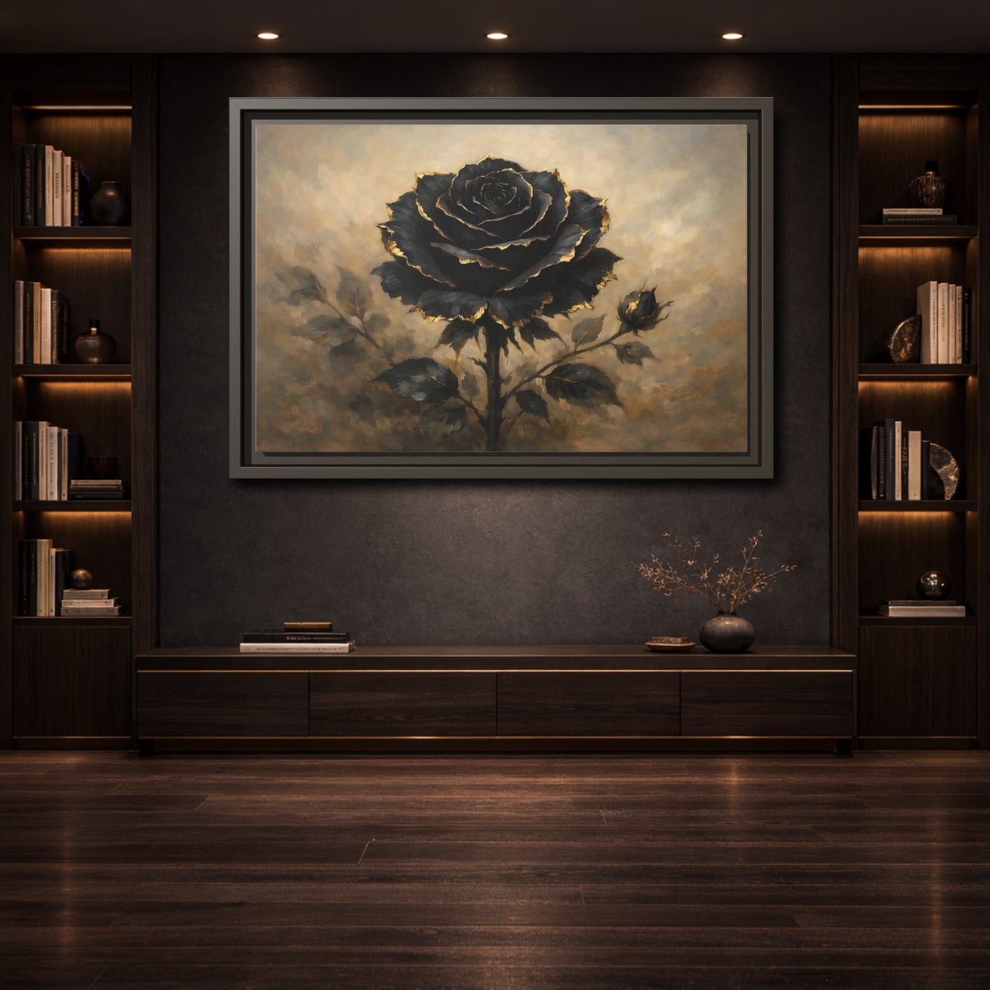 Mockup 3. Floral Black Rose Black Gold Rose shown as stretched canvas wall art