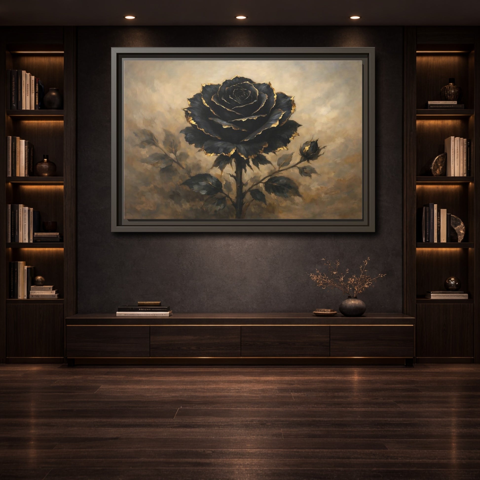 Mockup 3. Floral Black Rose Black Gold Rose shown as stretched canvas wall art