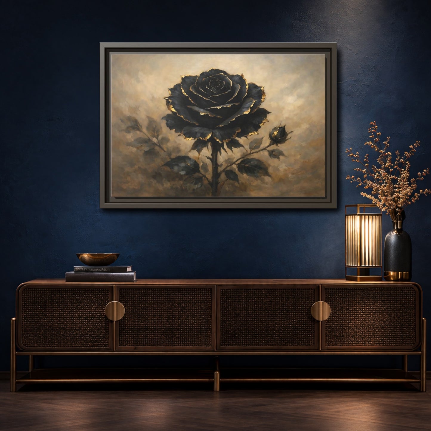 Mockup 4. Floral Black Rose Black Gold Rose shown as stretched canvas wall art