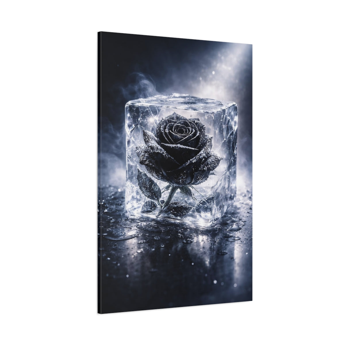 Main Mockup. Floral Black Rose Black Rose Ice shown as stretched canvas wall art