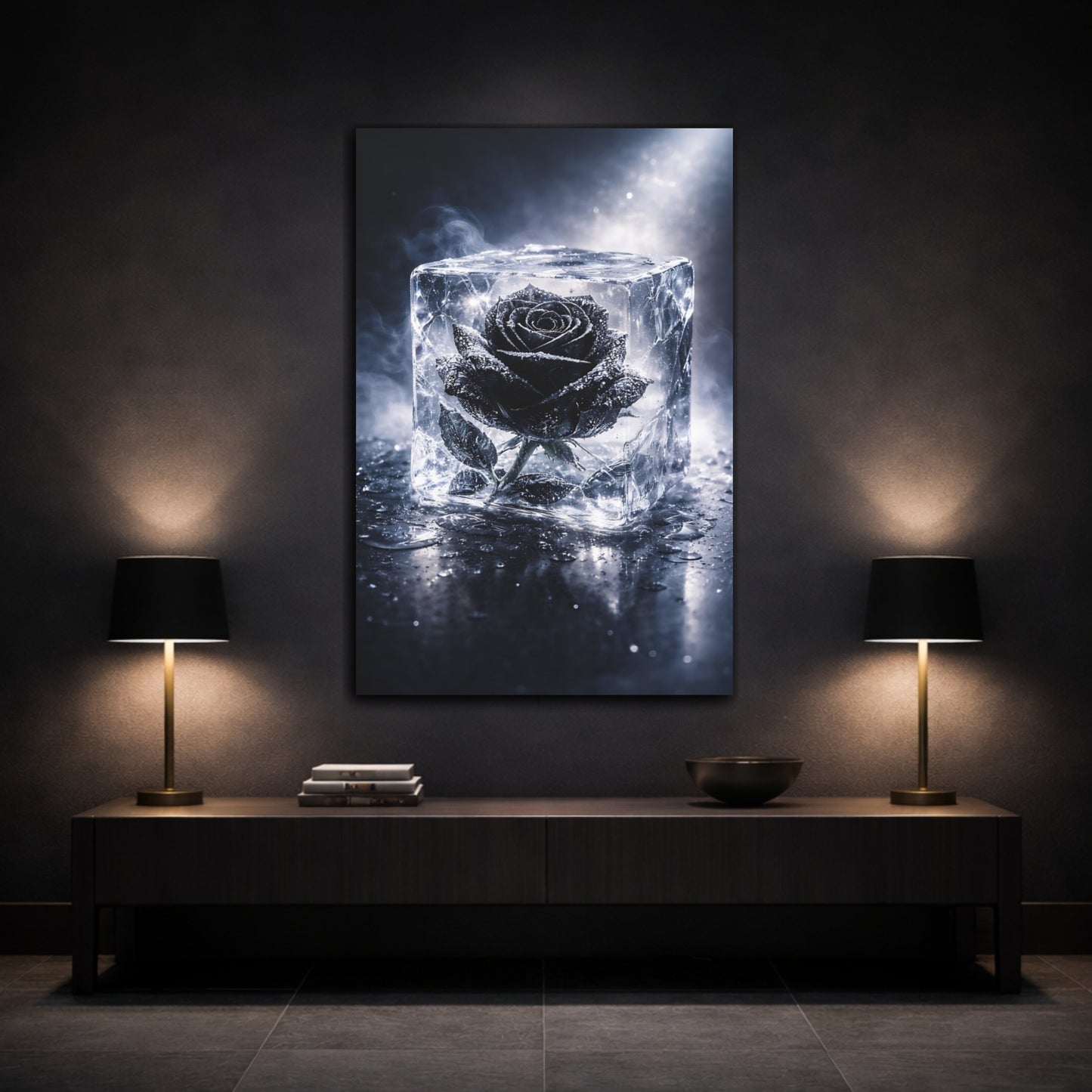 Mockup 2. Floral Black Rose Black Rose Ice shown as stretched canvas wall art