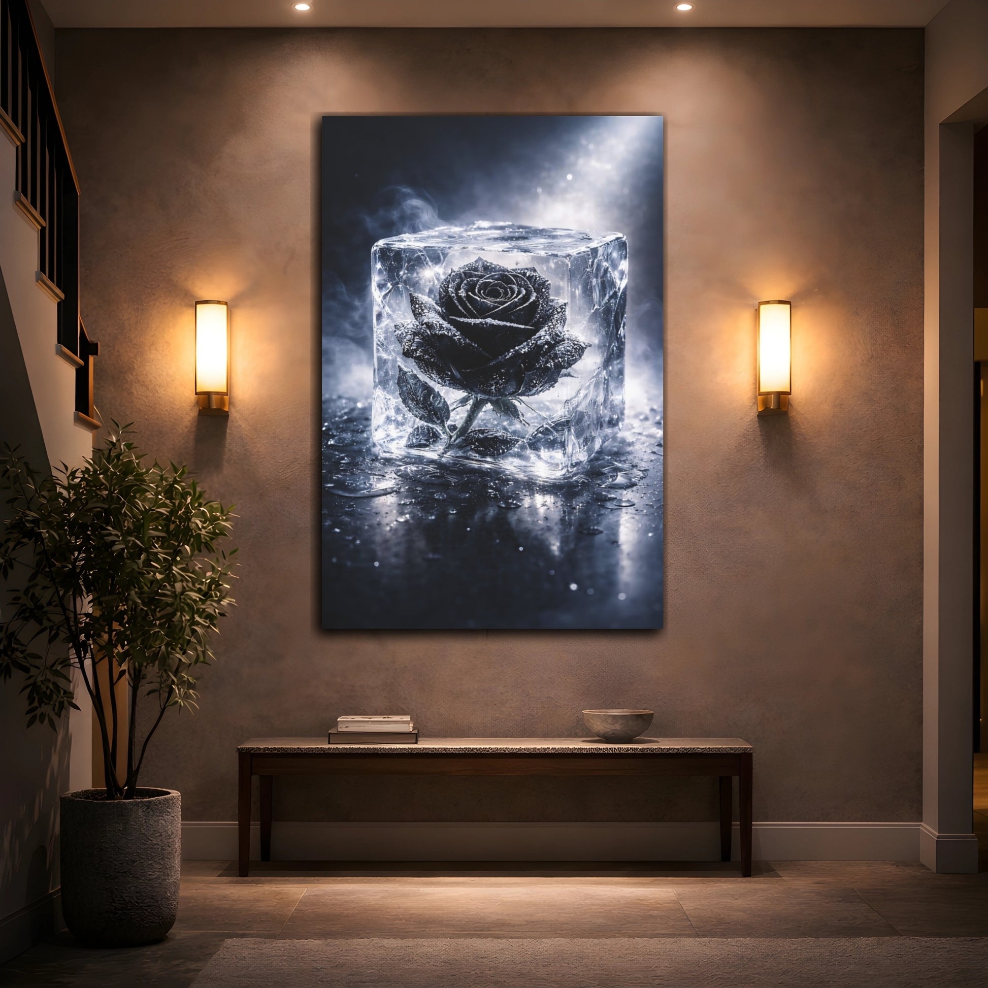 Mockup 3. Floral Black Rose Black Rose Ice shown as stretched canvas wall art