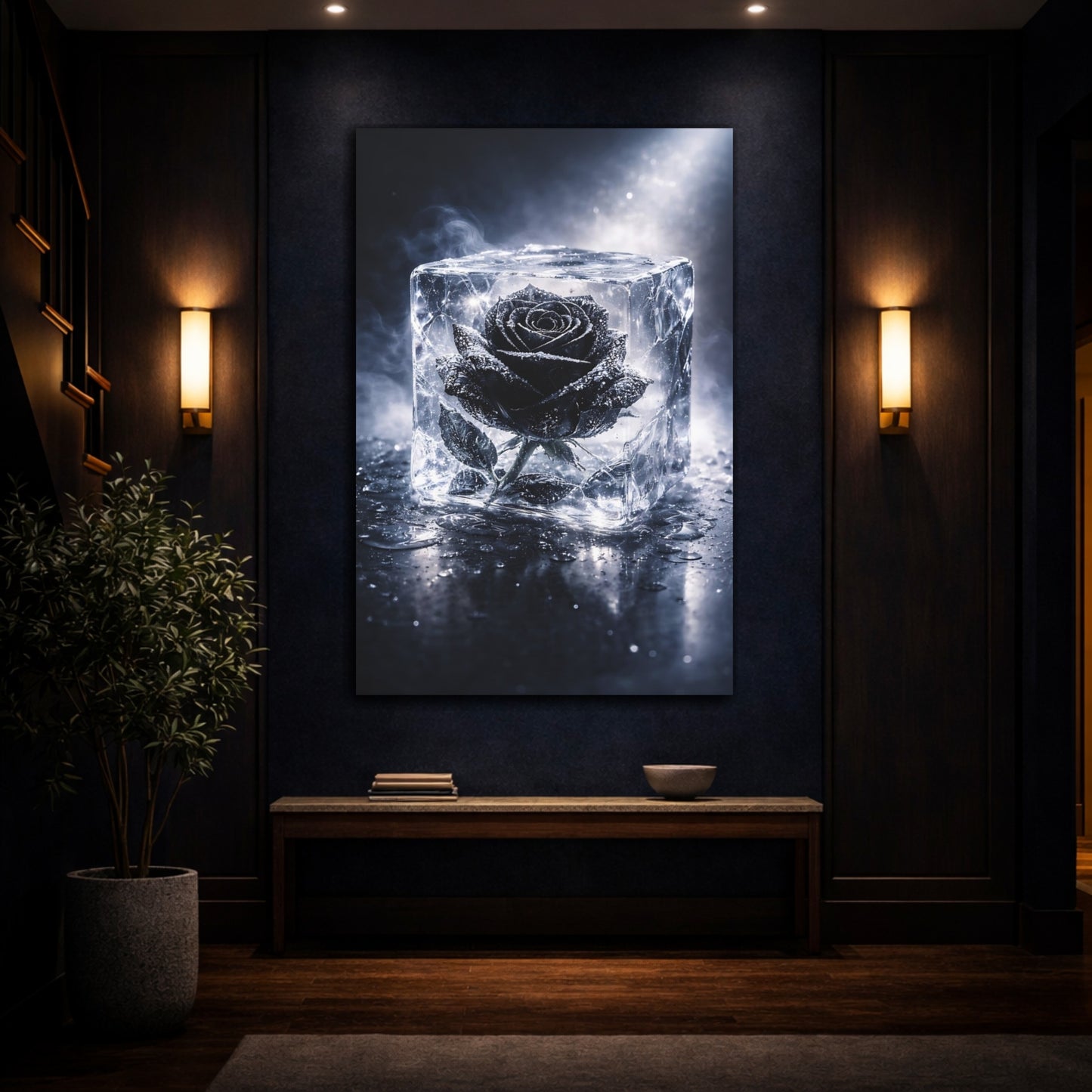 Mockup 4. Floral Black Rose Black Rose Ice shown as stretched canvas wall art