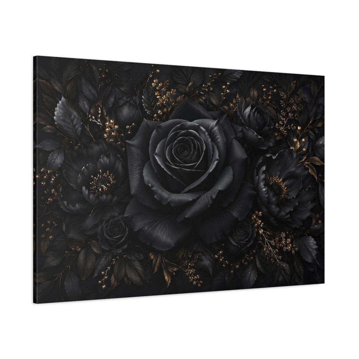 Side Mockup 1. Floral Black Rose Black Gold Floral shown as stretched canvas wall art