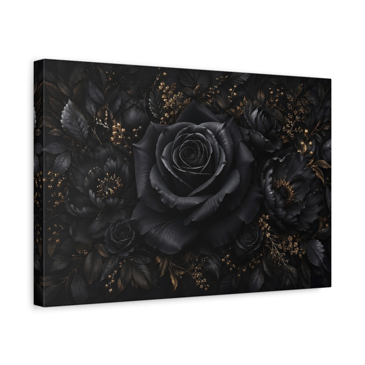 Side Mockup 4. Floral Black Rose Black Gold Floral shown as stretched canvas wall art