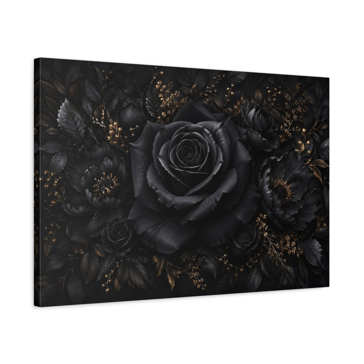 Side Mockup 2. Floral Black Rose Black Gold Floral shown as stretched canvas wall art