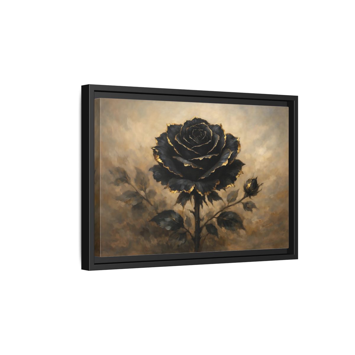 Side Mockup 6. Floral Black Rose Black Gold Rose shown as stretched canvas wall art